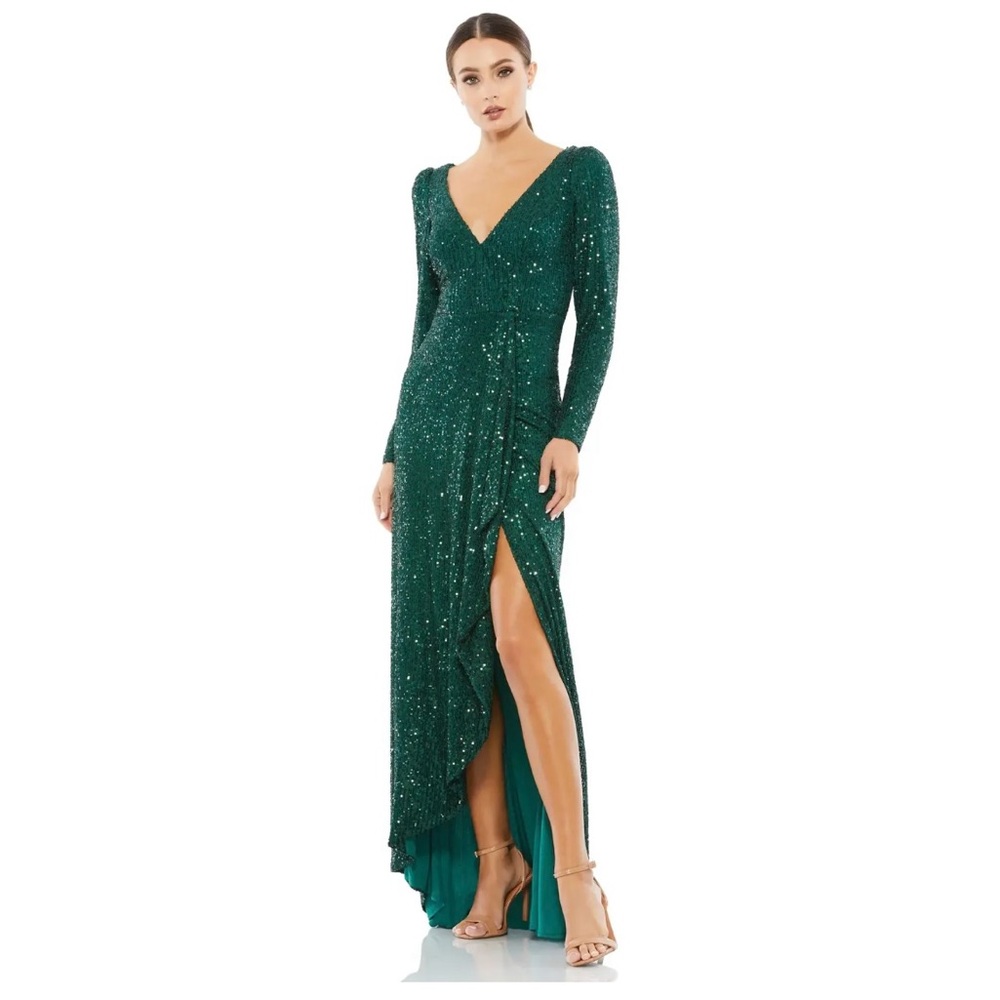 IEENA FOR MAC DUGGAL 26395 Sequin Wrap Evening Gown Emerald Green 8 NEW $398